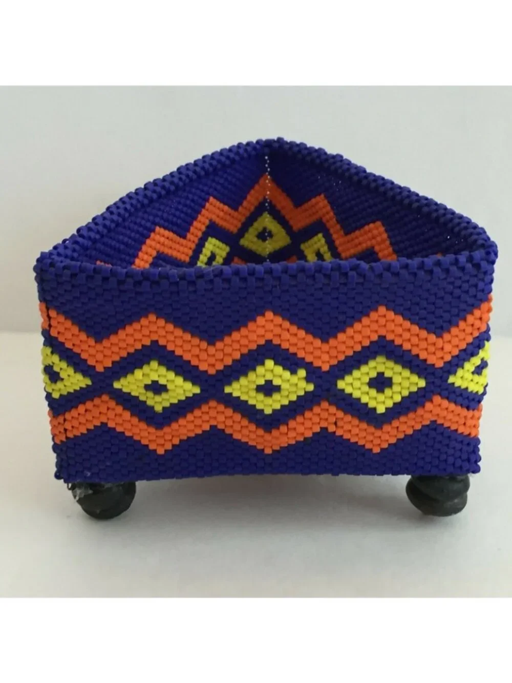 Handmade Beaded Small Box Royal Blue Orange Yellow Tribal Tchotchke